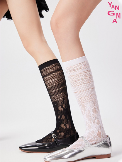 French Lace Knee High Stocking for Women Fishnet Mesh Socks