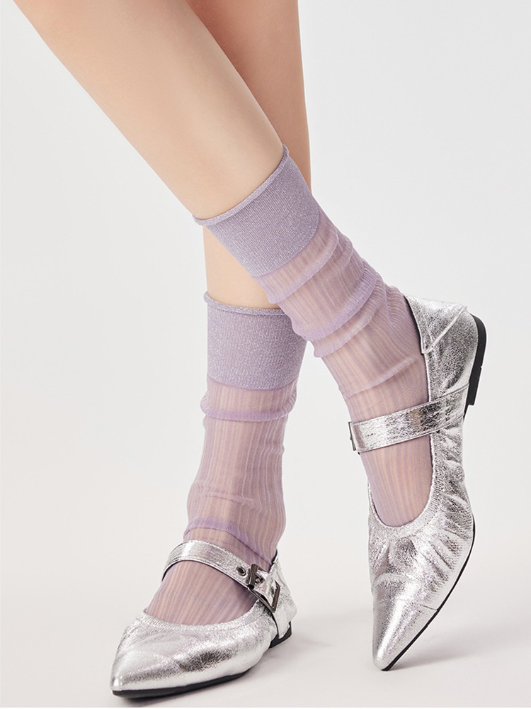 Raffle Socks Glitter Stripe Mid-Length Mesh Ankle for Women