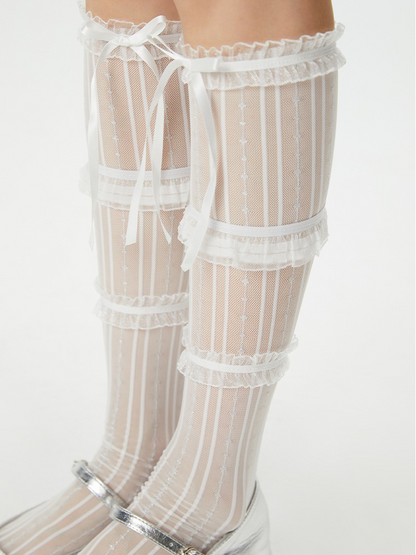 Ruffle Lace up Bowknot Lady's Knee High Stocking