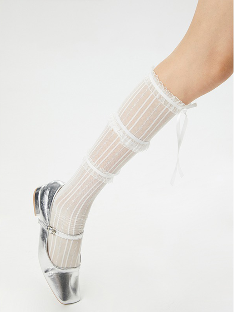 Ruffle Lace up Bowknot Lady's Knee High Stocking