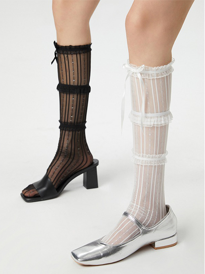 Ruffle Lace up Bowknot Lady's Knee High Stocking